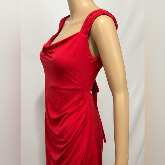 Halara Red Asymmetrical Mini Dress Side Ruching & Slit Open Tie Back Sof… - Picture 5 of 12